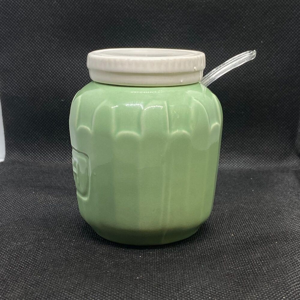 CLEARANCE ceramic relish jar with lid and spoon green vintage retro kitch - Picture 4 of 12